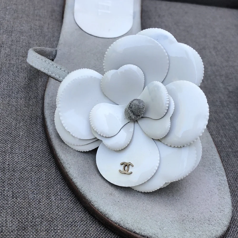 CHANEL Leather Camellia Flip Flop Sandals